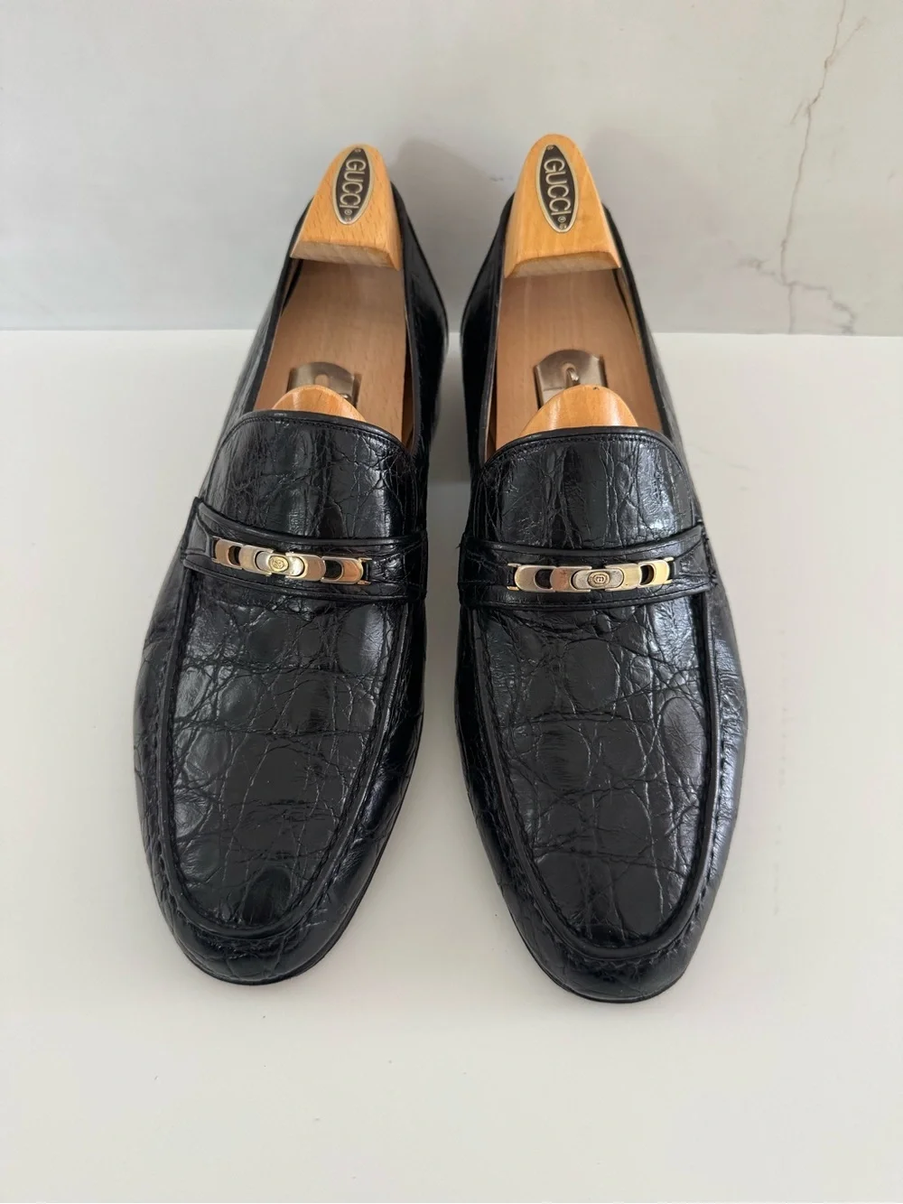Gucci Vintage Black- Horsebit crocodile-embossed loafers Shoes  Sz 42.5-US 9-9.5